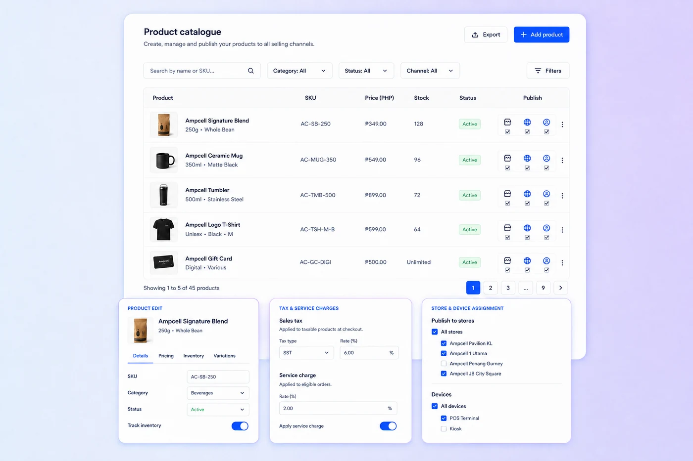 Merchant Portal product catalogue with product, tax, service charge, store and device configuration panels