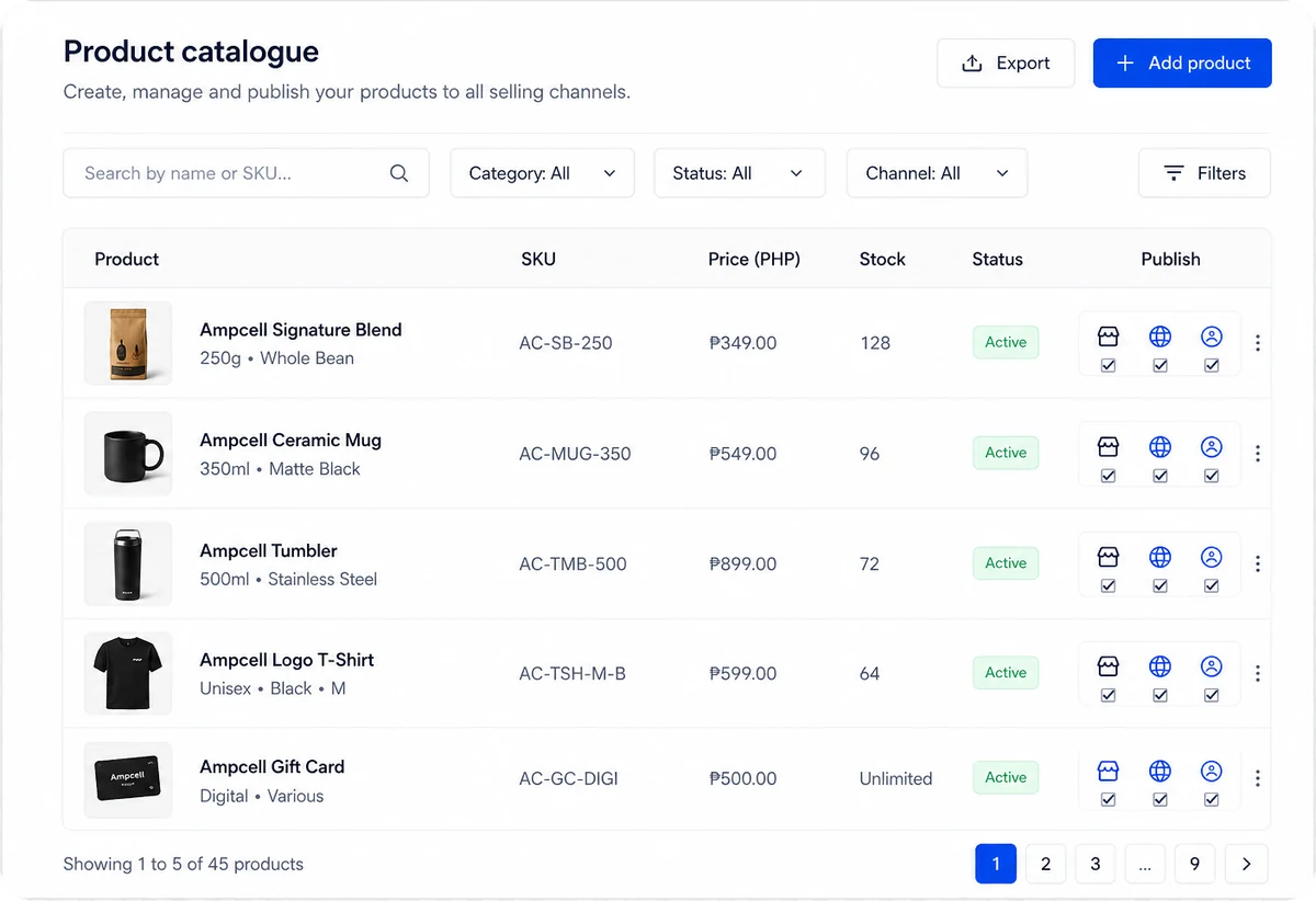 Merchant Portal product catalogue with product publishing controls