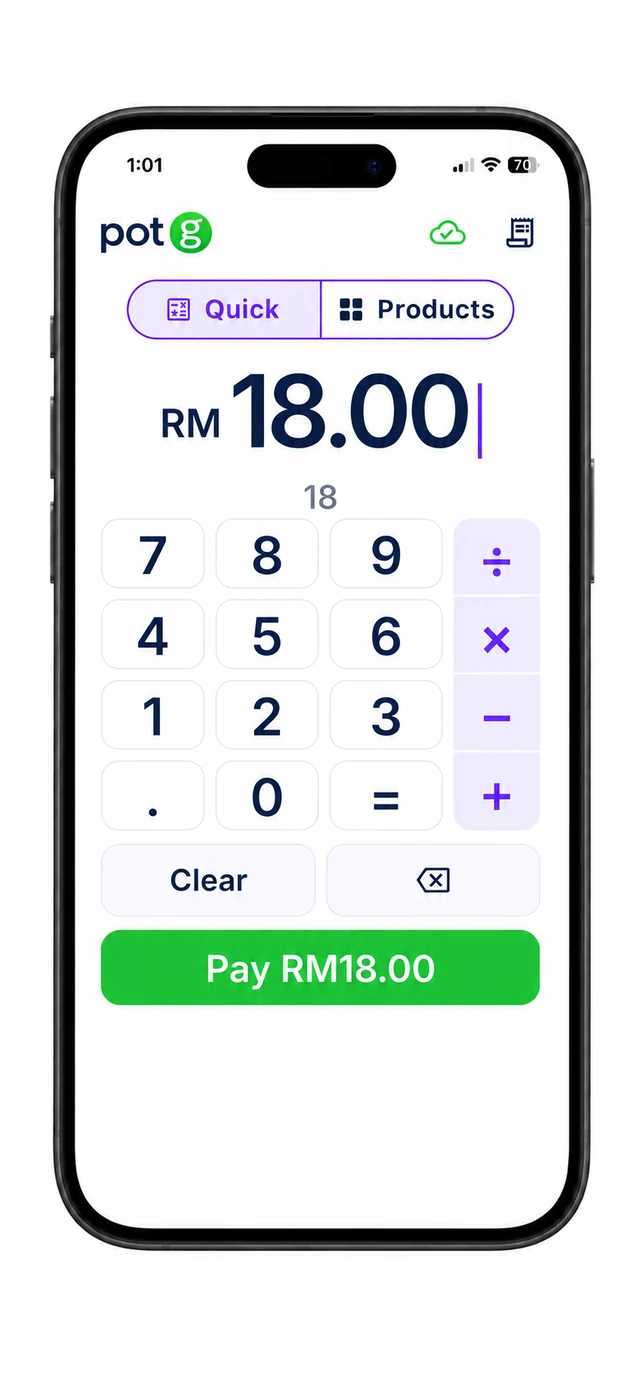 POTG quick checkout showing the amount keypad and calculator