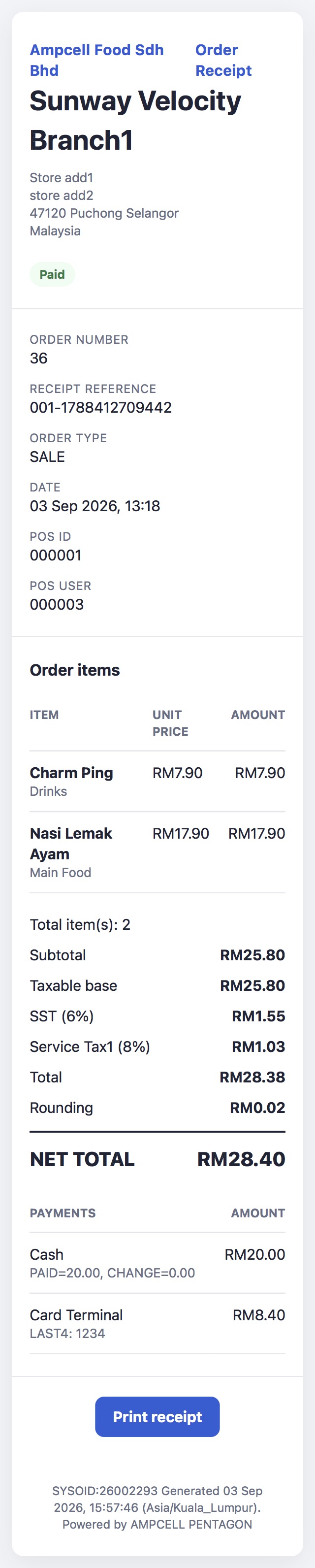 Detailed customer digital receipt with order, tax and payment information