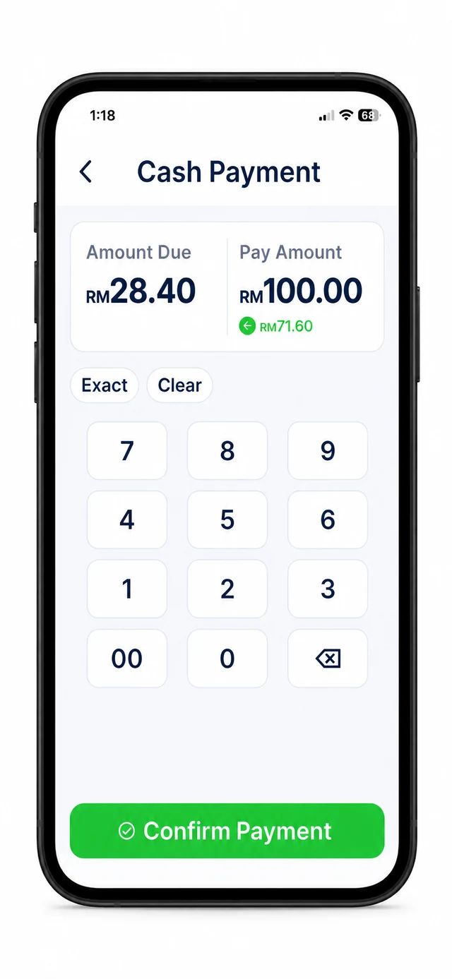 POTG cash payment entry with change calculation