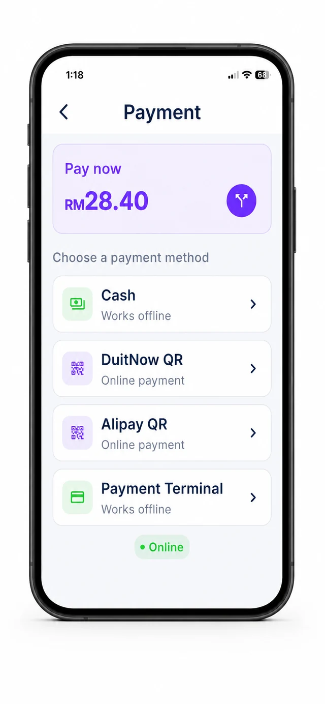 POTG payment screen showing cash, DuitNow QR, Alipay QR and payment terminal options
