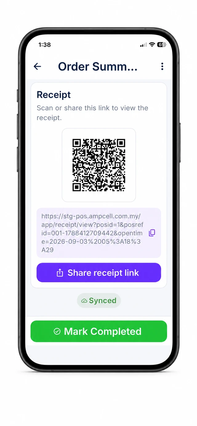 POTG receipt screen with QR code and shareable receipt link